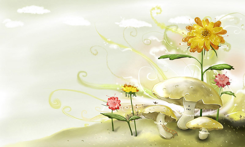 Фантазия - нежность, цветы, поляна, грибы - оригинал