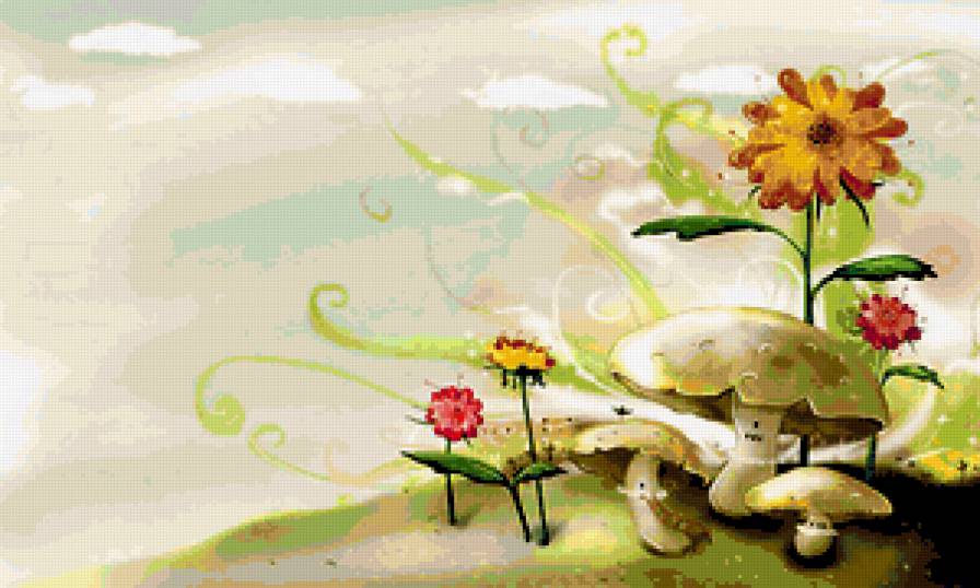 Фантазия - нежность, грибы, цветы, поляна - предпросмотр