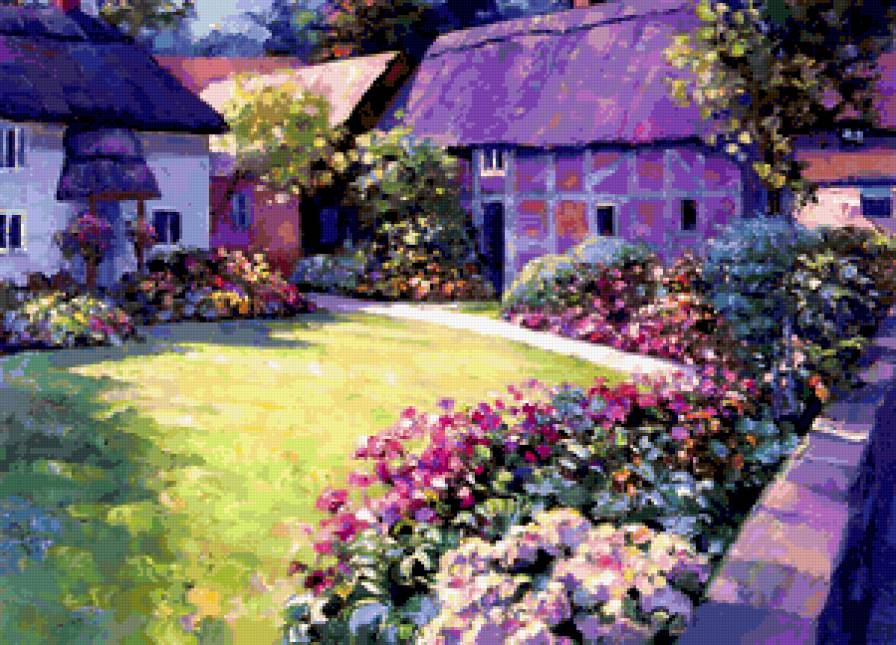 Цветочный двор - лужайка, двор, цветы, дом - предпросмотр