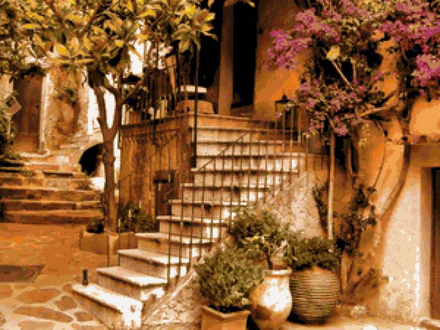 №243763 - лестница, дворик, цветы, картина - предпросмотр