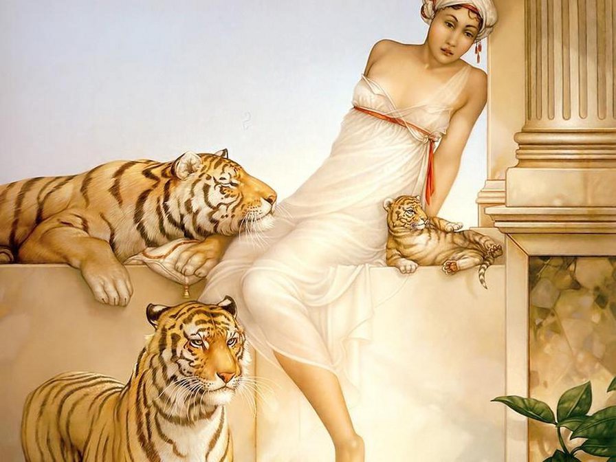 №243773 - женщина, тигр, животные, картина - оригинал