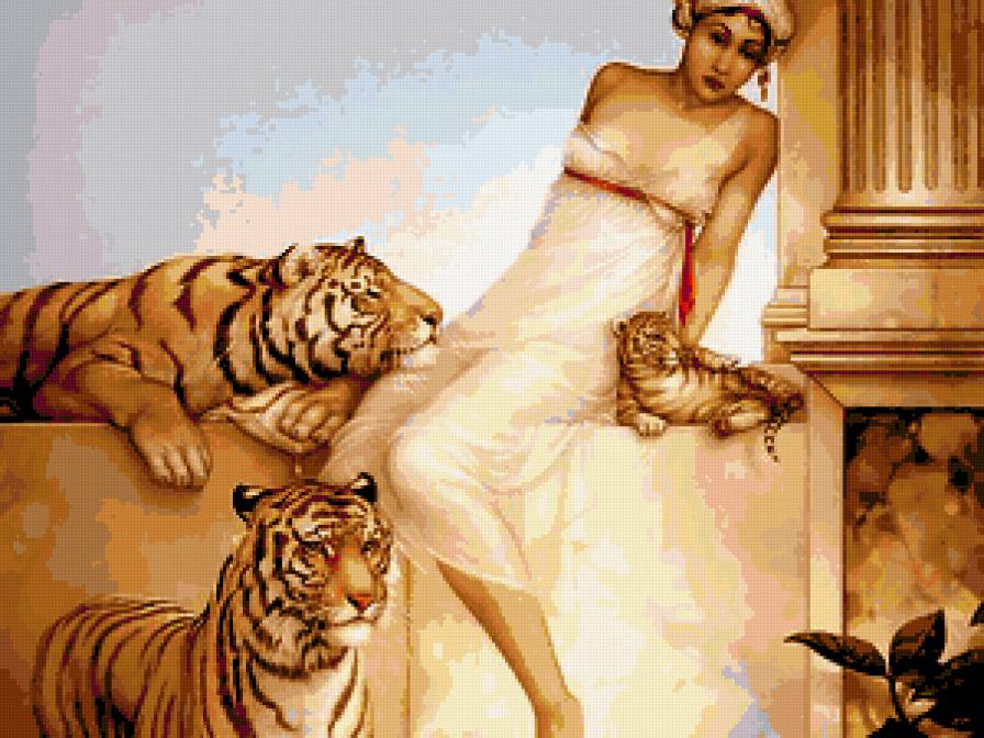 №243773 - женщина, животные, картина, тигр - предпросмотр