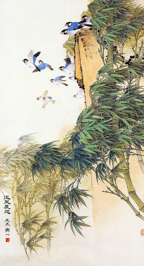 птицы - бамбук, стая, полет, птицы - оригинал