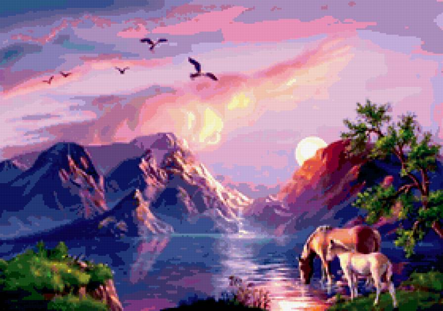 пейзаж - ночь, пейзаж, парк, природа, река, картина, лес, живопись.лошади - предпросмотр