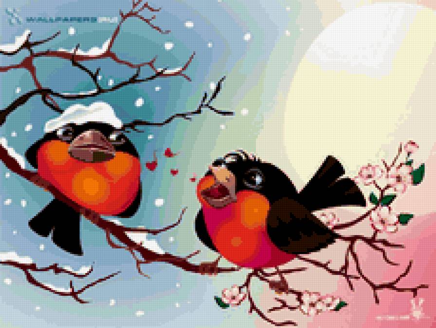 Пара снегирей - снегири, весна., зима, птицы - предпросмотр