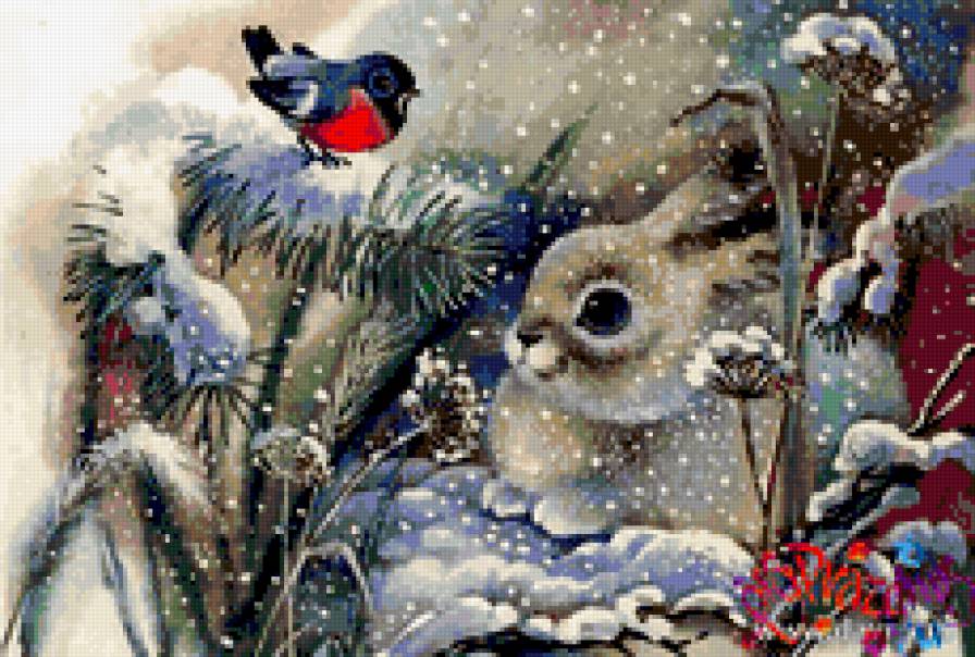 Кролик и снегирь. - снегири, зима, кролик., весна, птицы - предпросмотр