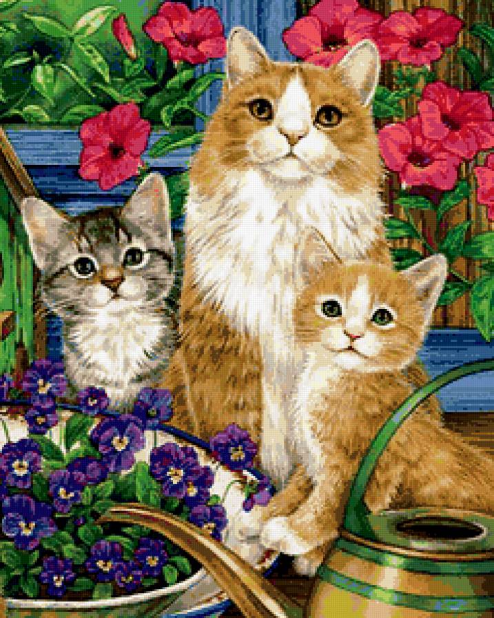 Кошка с котятами - животные, кошки, сад, цветы - предпросмотр