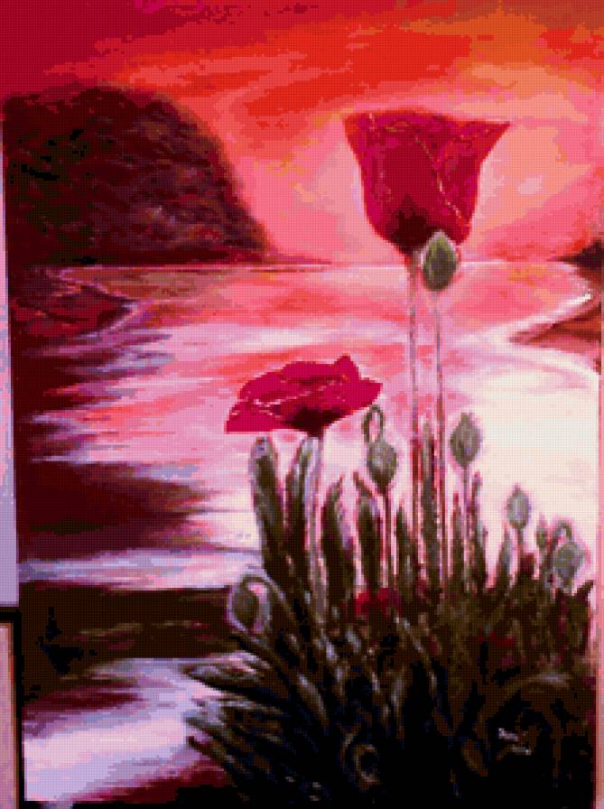 ночной пейзаж - ночь, маки, море, цветы - предпросмотр