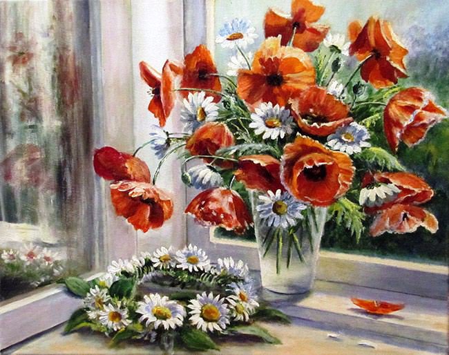 НАТЮРМОРТ - венок, ромашки, окно, цветы, букет, маки - оригинал