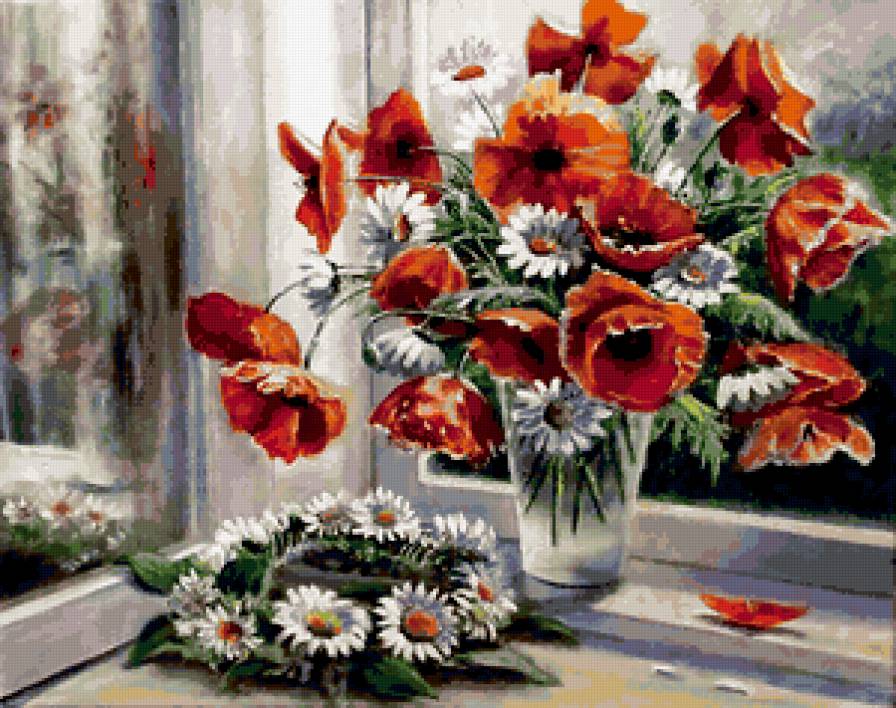 НАТЮРМОРТ - цветы, окно, букет, венок, ромашки, маки - предпросмотр