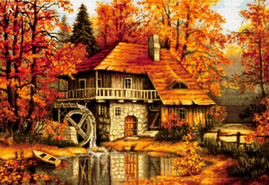 Водяная мельница - мельница, осень, пейзаж - предпросмотр