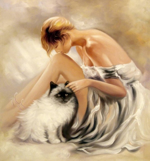 №245127 - женщина, картина, кошка - оригинал