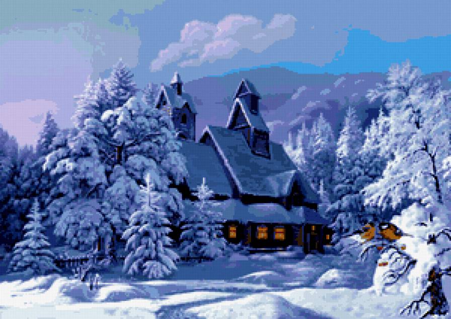 №245139 - снег, картина, домик, зима - предпросмотр
