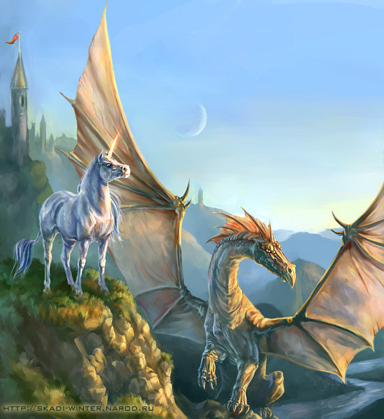 Фентези - единорог, мифические животные, дракон - оригинал