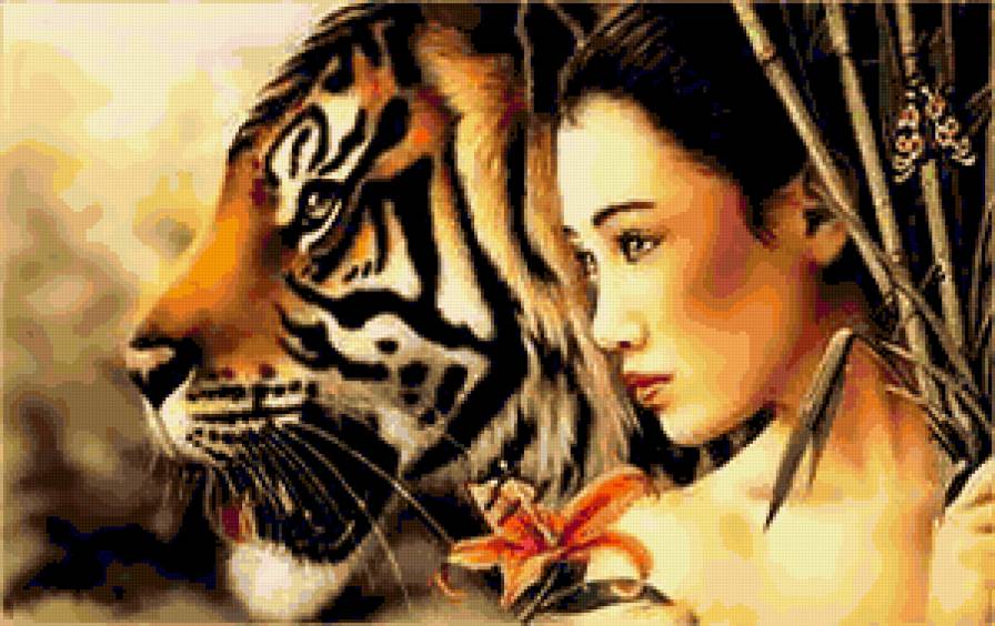 девушка с тигром - девушка, природа, животные, пейзаж - предпросмотр