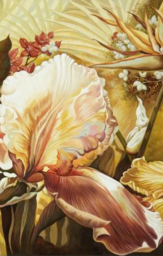 триптих - Райский сад (центральная часть) - ирисы, стрелиция, триптих, гибискус, цветы, бабочки - оригинал