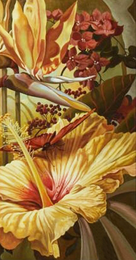триптих - Райский сад (правая часть) - бабочки, стрелиция, гибискус, ирисы, триптих, цветы - оригинал