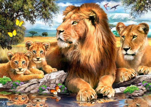 папа, мама и конечно мы - у реки, львица, животные, львята, хищники, семья, лев - оригинал