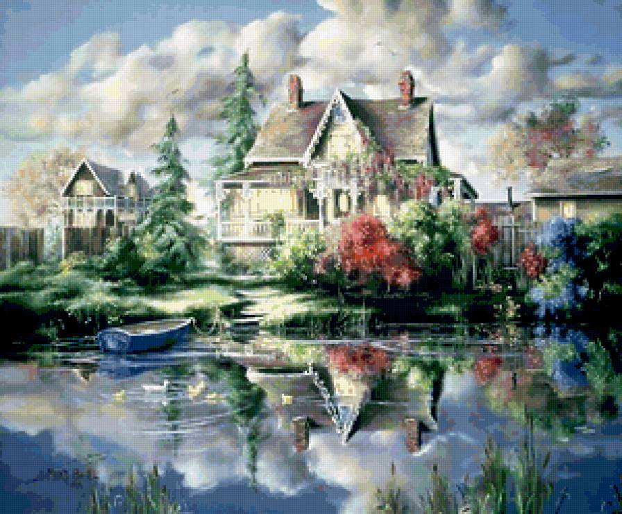 Домик у пруда - дом, сад, пейзаж, пруд, озеро - предпросмотр