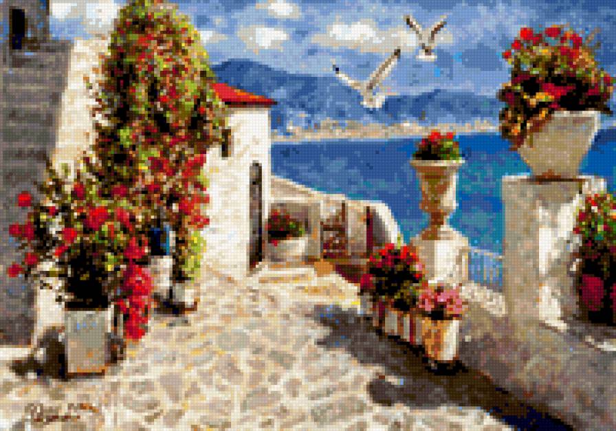 Дом у моря 2 - цветы, горы, солнце, море, пара, дом - предпросмотр