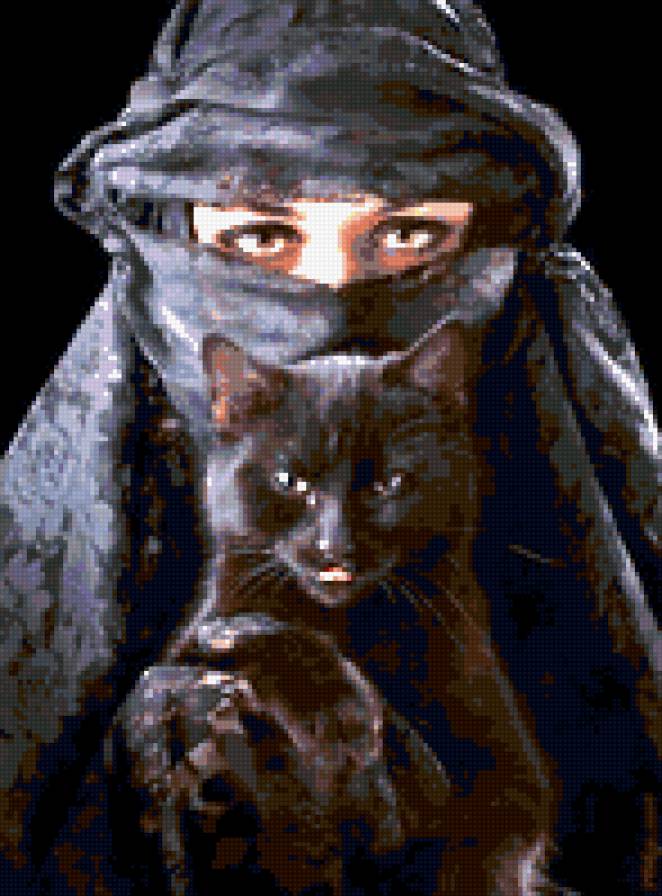 Женщина с кошкой - черный, девушка, кошка, восток - предпросмотр
