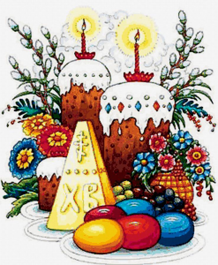 К светлому Христову воскресению - цветы, салфетка, пасхальная, кулич, яйца, верба, картинка - предпросмотр