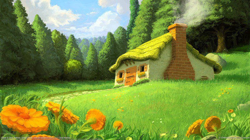 Домик - цветы, опушка, лес, поляна - оригинал