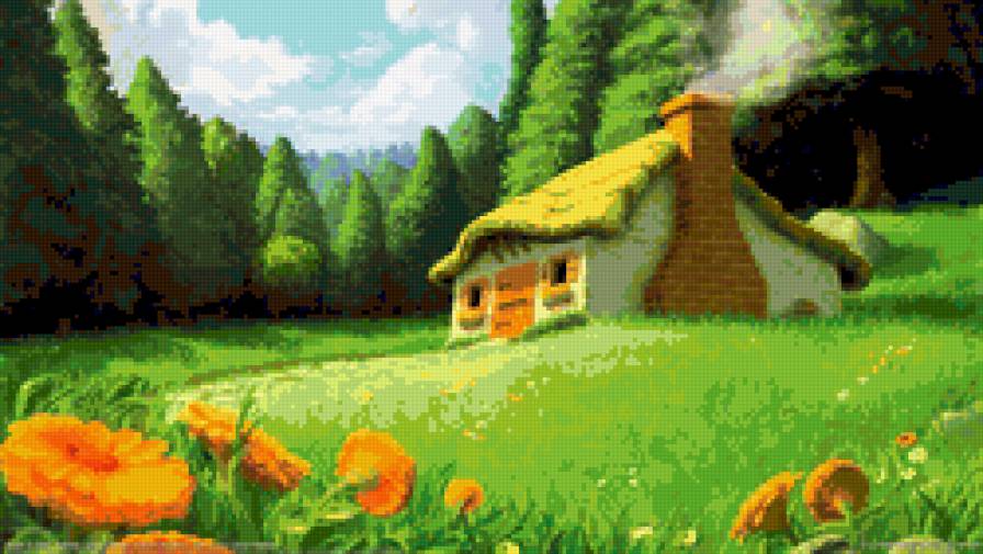 Домик - лес, поляна, цветы, опушка - предпросмотр