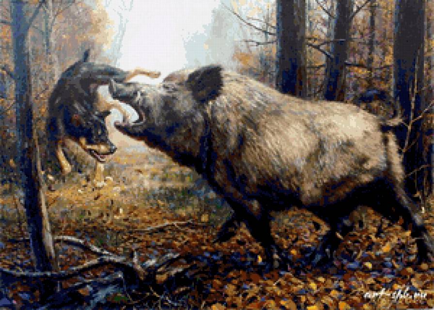 Охота на кабана - лес, осень, охота, собака, животные - предпросмотр