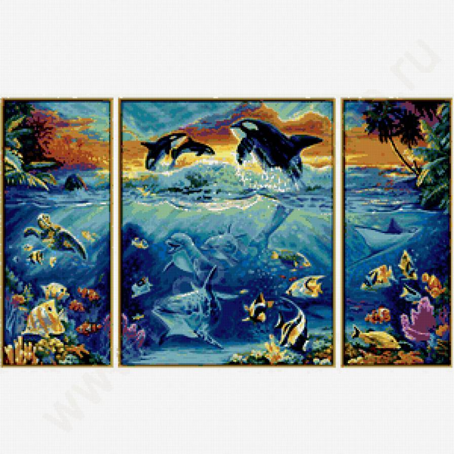 триптих - море, дельфины, триптих - предпросмотр