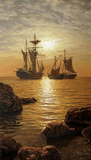 Закат - пейзаж, природа, закат, море, корабль, парусник - оригинал