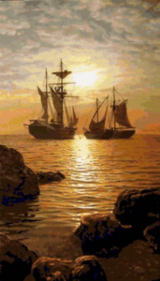 Закат - пейзаж, море, природа, парусник, корабль, закат - предпросмотр