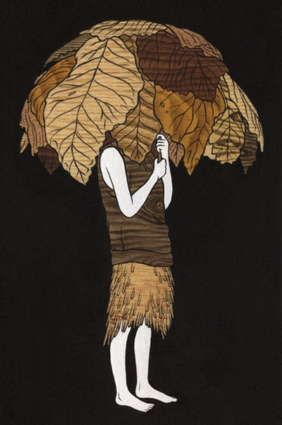 Под зонтом - фигура, зонт, коричневый, лист, дождь - оригинал