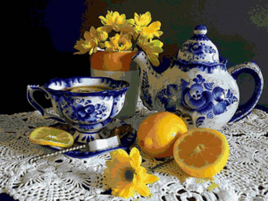 №247456 - цветы, чайник, чашка, натюрморт, картинка - предпросмотр