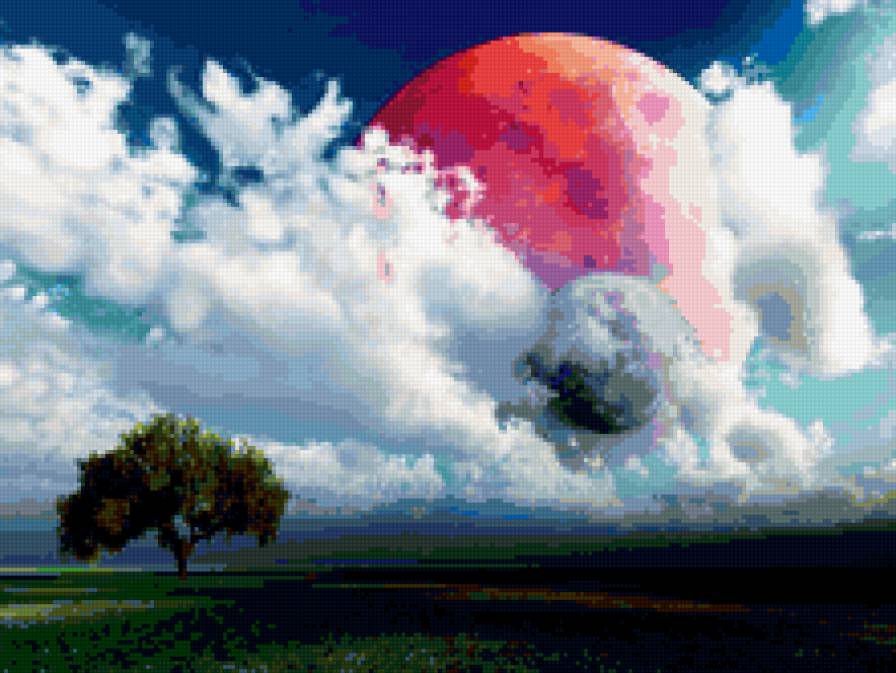 дерево - луна, космос, дерево, поле, вечер - предпросмотр