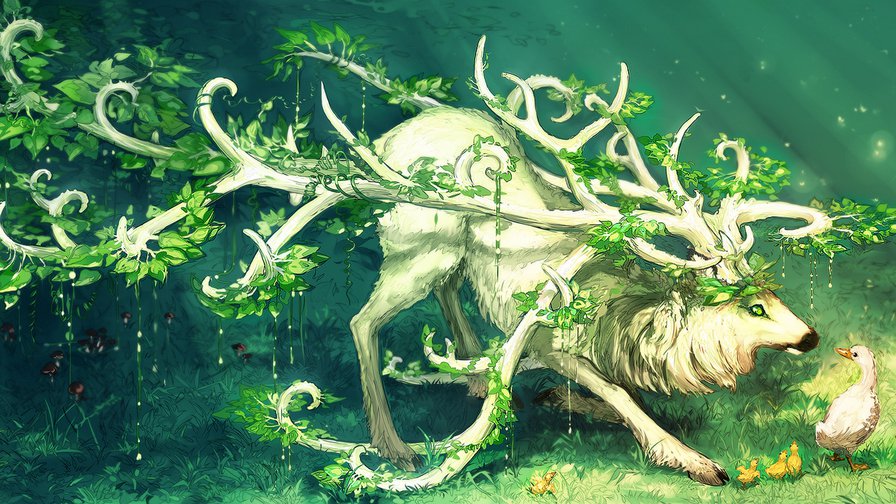 Лесные мифы - рисунок, природа, фантастика, гусь, олень, животные, лес - оригинал