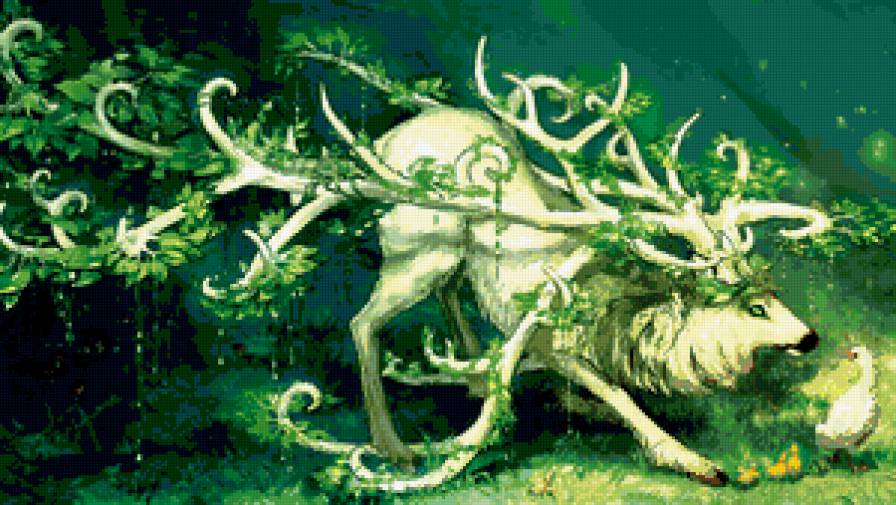 Лесные мифы - природа, рисунок, гусь, олень, фантастика, лес, животные - предпросмотр