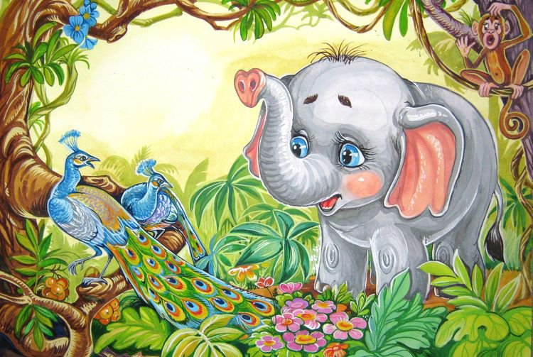 слон из джунгли - мултяшные зарисовки, герои из мультика, павлин - оригинал