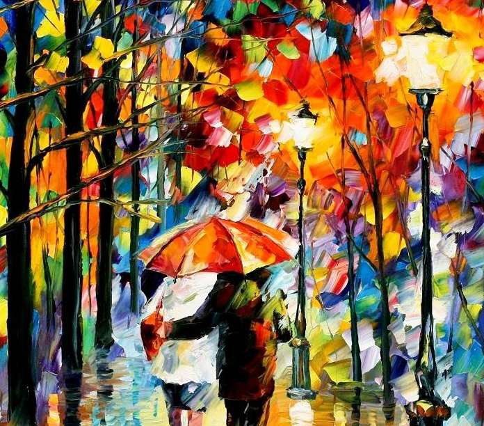 картина Л. Афремова - двое, дождь - оригинал