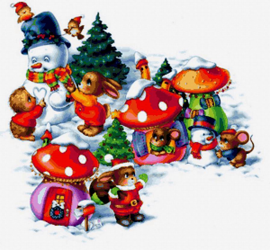 снеговик - зайчики, сказка, домик, зима, детская, детям, зверята, заяц, грибы, мульт - предпросмотр