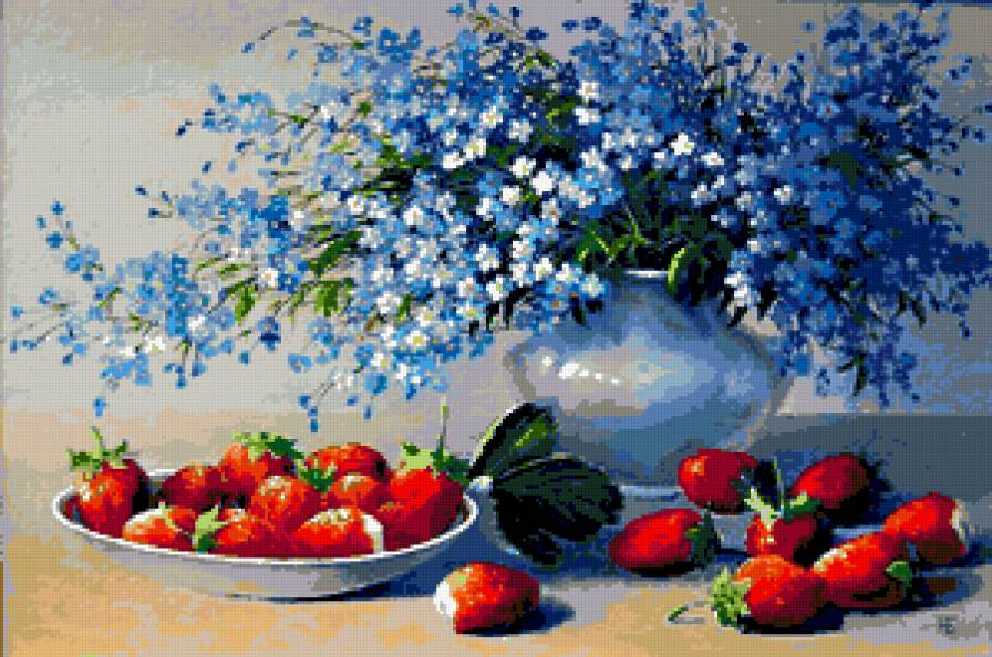 №248608 - клубника, цветы, картина, букет, натюрморт - предпросмотр