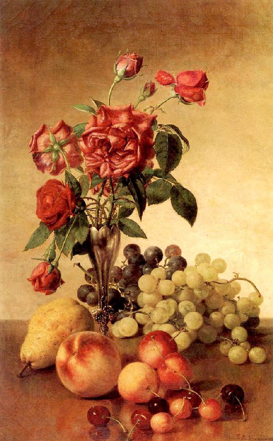 РОЗЫ И ФРУКТЫ - картина натюрморт виноград розы цветы фрукты - оригинал