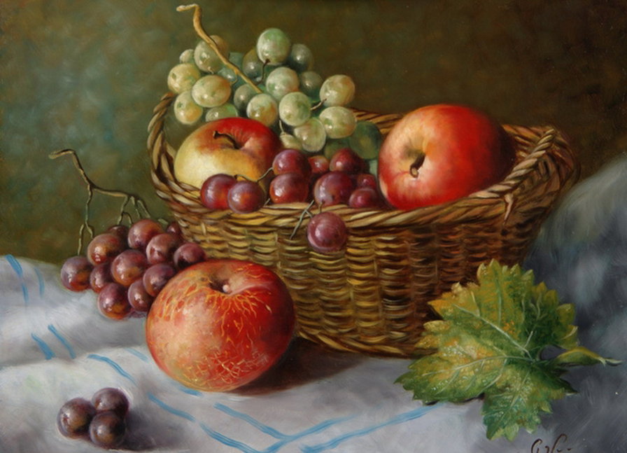 ФРУКТЫ В КОРЗИНЕ - натюрморт картина корзина виноград яблоки - оригинал