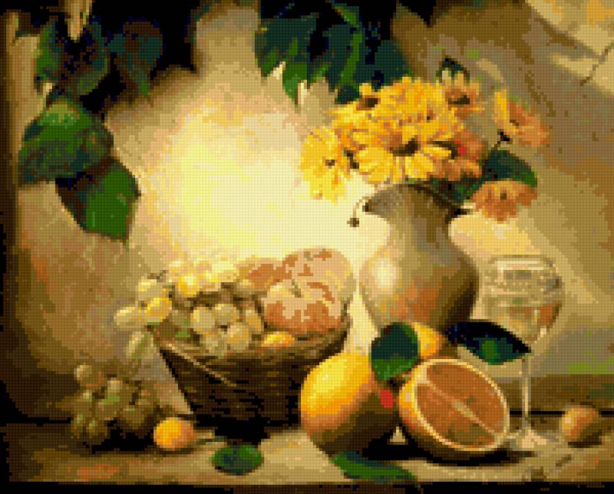 НАТЮРМОРТ - натюрморт картина ваза цветы фрукты - предпросмотр