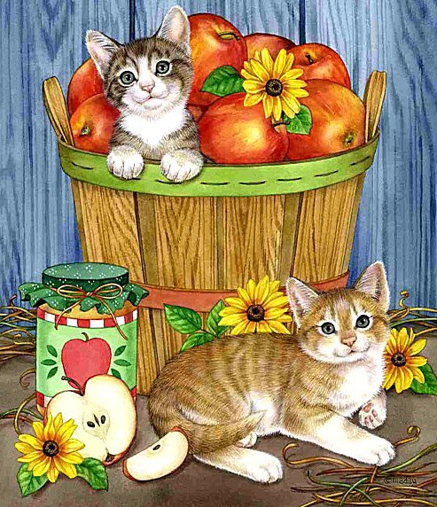 Красивые котята - корзина, яблоки, котята - оригинал