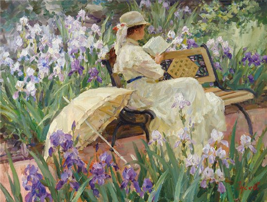 Дама в саду - женщина, картины, цветы - оригинал