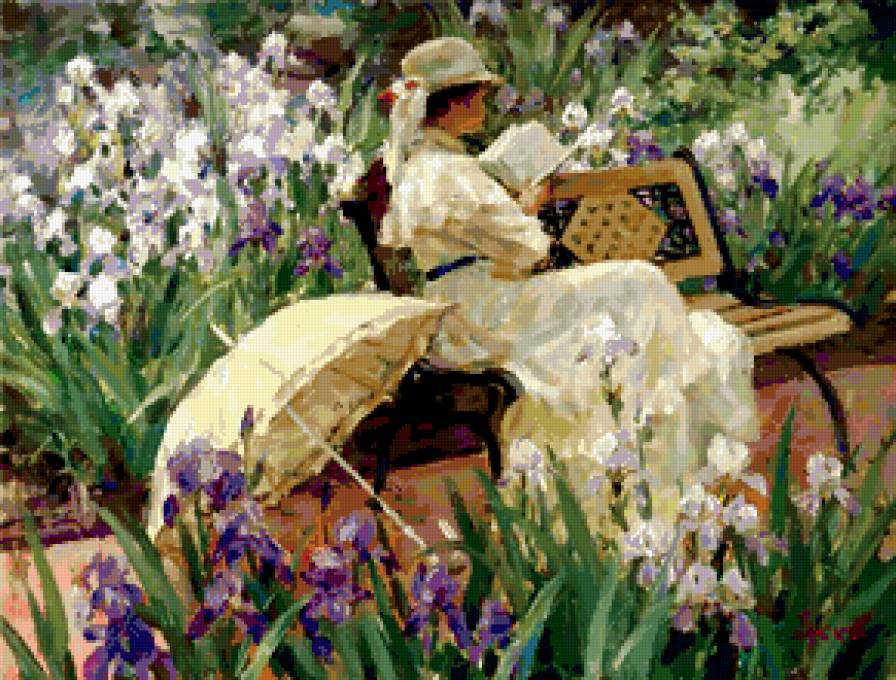 Дама в саду - картины, цветы, женщина - предпросмотр