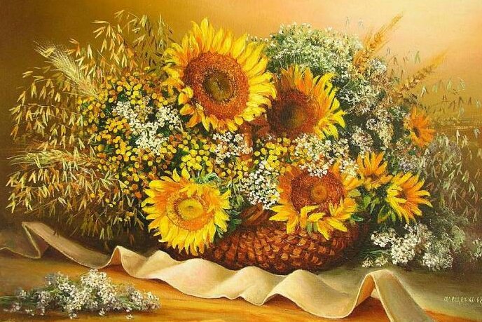 №249214 - подсолнухи, картина, натюрморт, корзина - оригинал