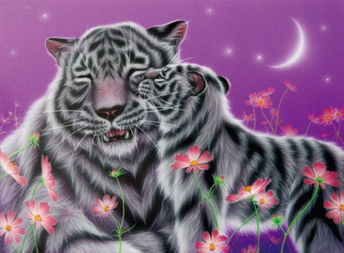 Семья белых тигров - картины, ночь, тигры, цветы, кошки, лето - оригинал