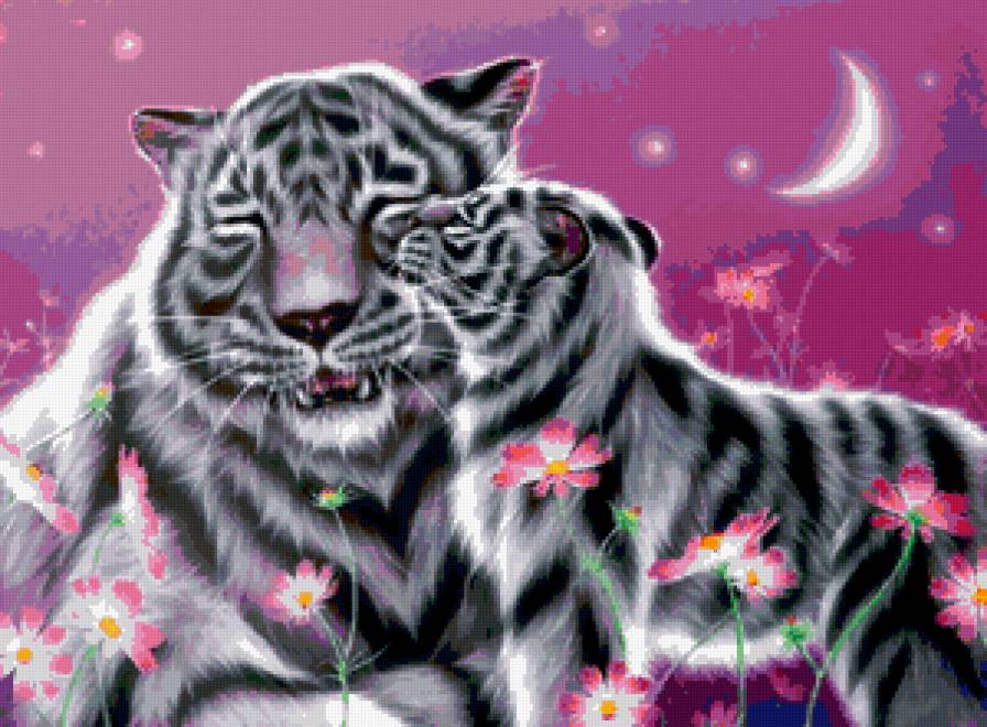 Семья белых тигров - цветы, лето, картины, ночь, тигры, кошки - предпросмотр